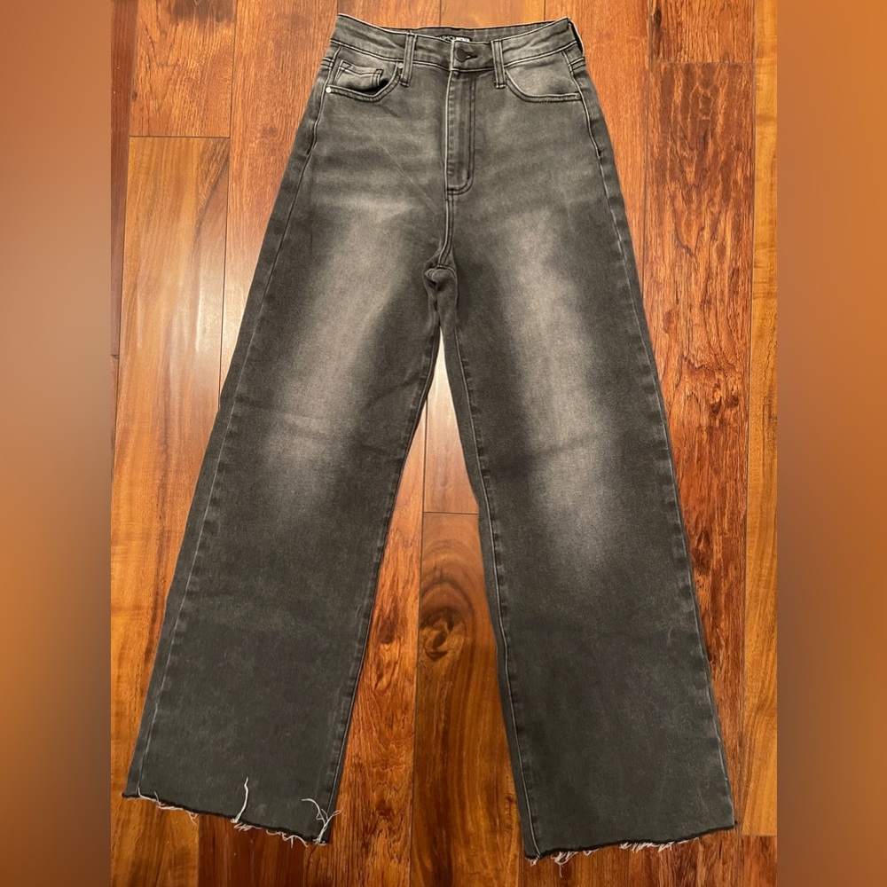 Fashion Nova Grey Wash Wide Leg Denim Jeans Distressed Hem